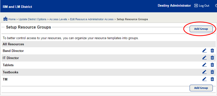 Setup Resource Groups page with Add Group highlighted.